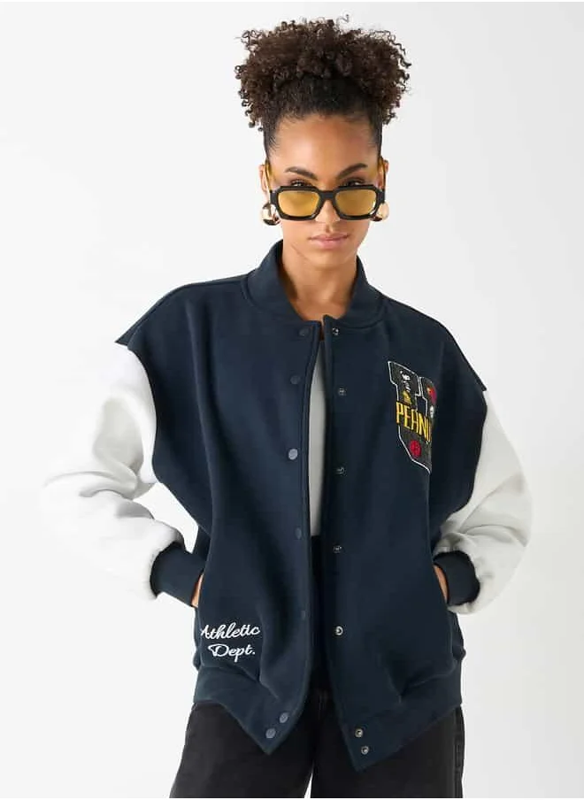SP Characters Peanuts Print Varsity Jacket with Snap Button Closure