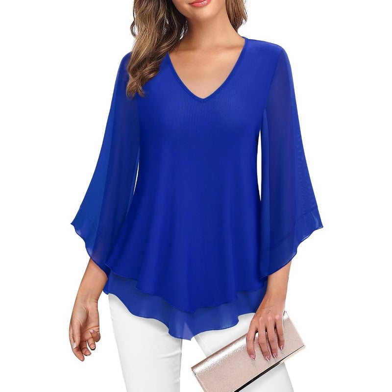 Workplace blouse in soft cotton blend, ivory, double-layer ruffle detail and 3/4 bell sleeves for graceful movement - Image 1