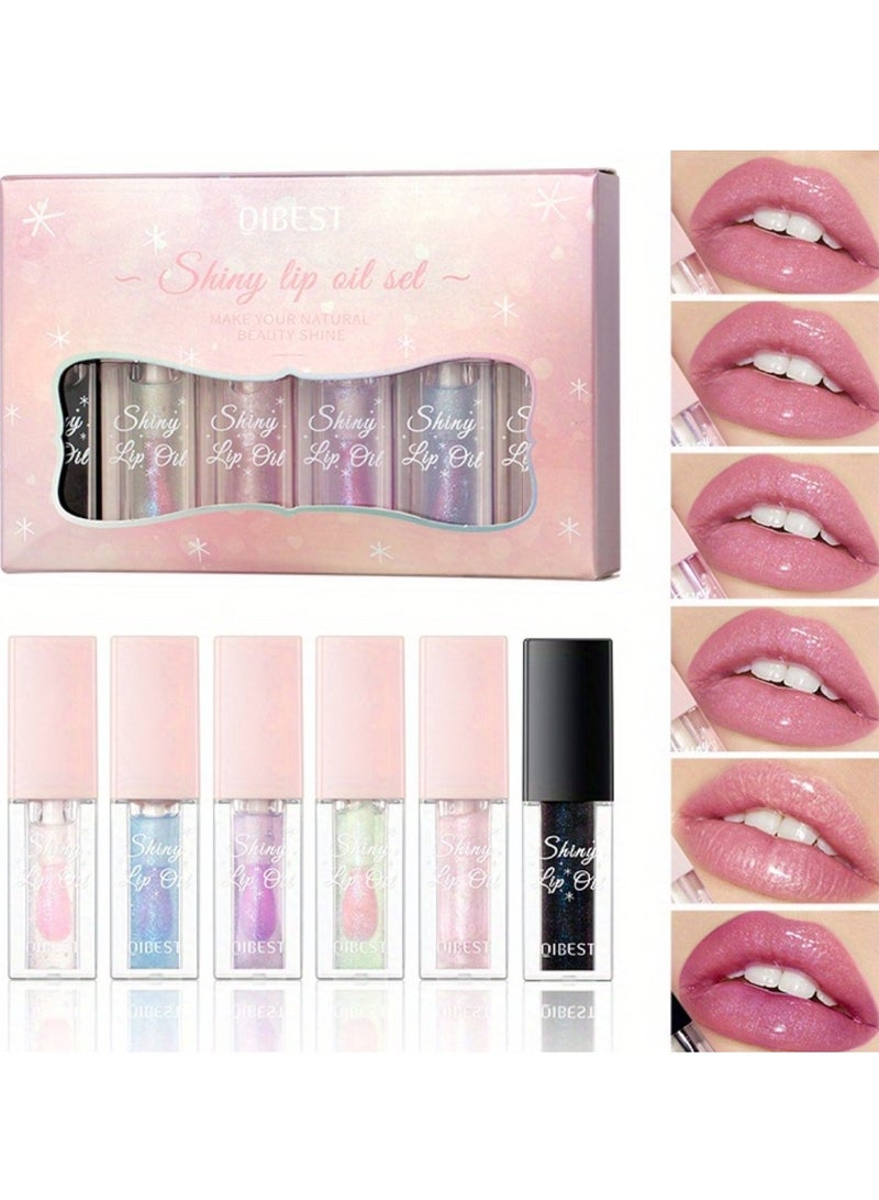 QiBest مجموعة زيت الشفاه اللامع بـ 6 ألوان زيت الشفاه لمعة أحمر شفاه مجموعة مرطبة مغذية ناعمة زيت الشفاه مع 1 لون يتغير من الأسود إلى الوردي زيت الشفاه لمعة أحمر شفاه مجموعة - Image 1