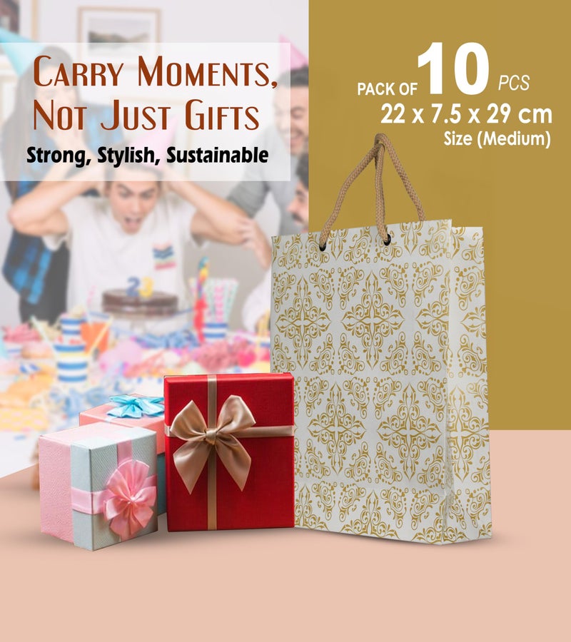 KOSY حزمة KOSY من 10 أكياس هدايا | حقيبة ورقية صديقة للبيئة قابلة لإعادة التدوير للهدايا | حقيبة ورقية متينة ومتعددة الاستخدامات للتسوق | حقيبة هدايا متوسطة 29x7.5x22 سم | حقيبة هدايا بتصميم طباعة ذهبية - Image 2