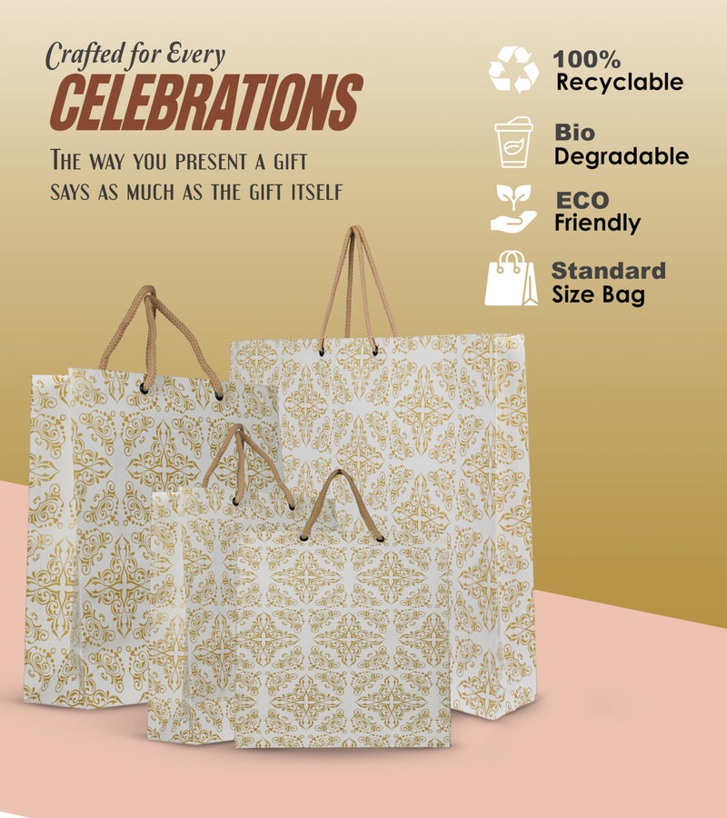 KOSY حزمة KOSY من 10 أكياس هدايا | حقيبة ورقية صديقة للبيئة قابلة لإعادة التدوير للهدايا | حقيبة ورقية متينة ومتعددة الاستخدامات للتسوق | حقيبة هدايا متوسطة 29x7.5x22 سم | حقيبة هدايا بتصميم طباعة ذهبية - Image 4