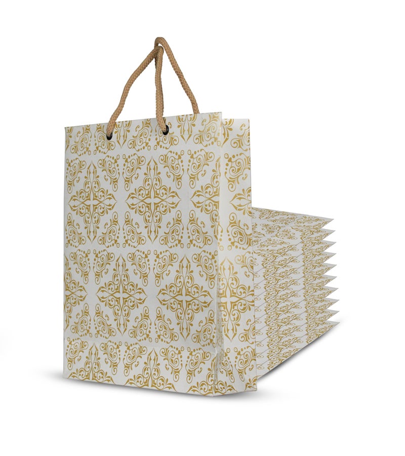 KOSY حزمة KOSY من 10 أكياس هدايا | حقيبة ورقية صديقة للبيئة قابلة لإعادة التدوير للهدايا | حقيبة ورقية متينة ومتعددة الاستخدامات للتسوق | حقيبة هدايا متوسطة 29x7.5x22 سم | حقيبة هدايا بتصميم طباعة ذهبية - Image 1