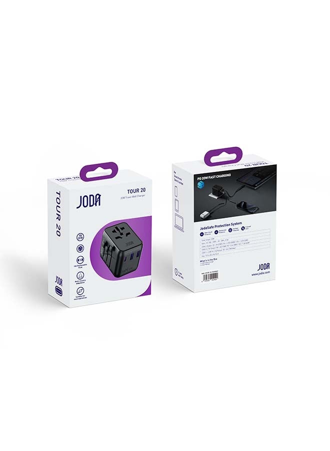 JODA شاحن السفر JODA TOUR GaN 20W بمدخلين USB-A ومدخل USB-C أسود مع تكيف متعدد الدول 10A فيوز قابل للاستبدال - Image 2