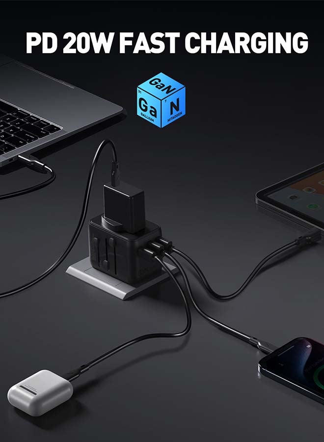 JODA شاحن السفر JODA TOUR GaN 20W بمدخلين USB-A ومدخل USB-C أسود مع تكيف متعدد الدول 10A فيوز قابل للاستبدال - Image 4