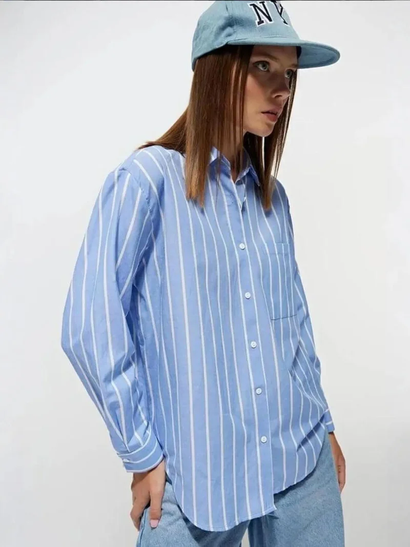 MixRay Maya Blue Mixray Striped Relaxed Fit Shirt for Women | Best Price UAE