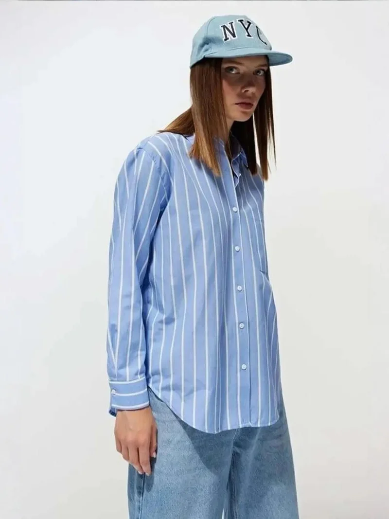 MixRay Maya Blue Mixray Striped Relaxed Fit Shirt for Women | Best Price UAE