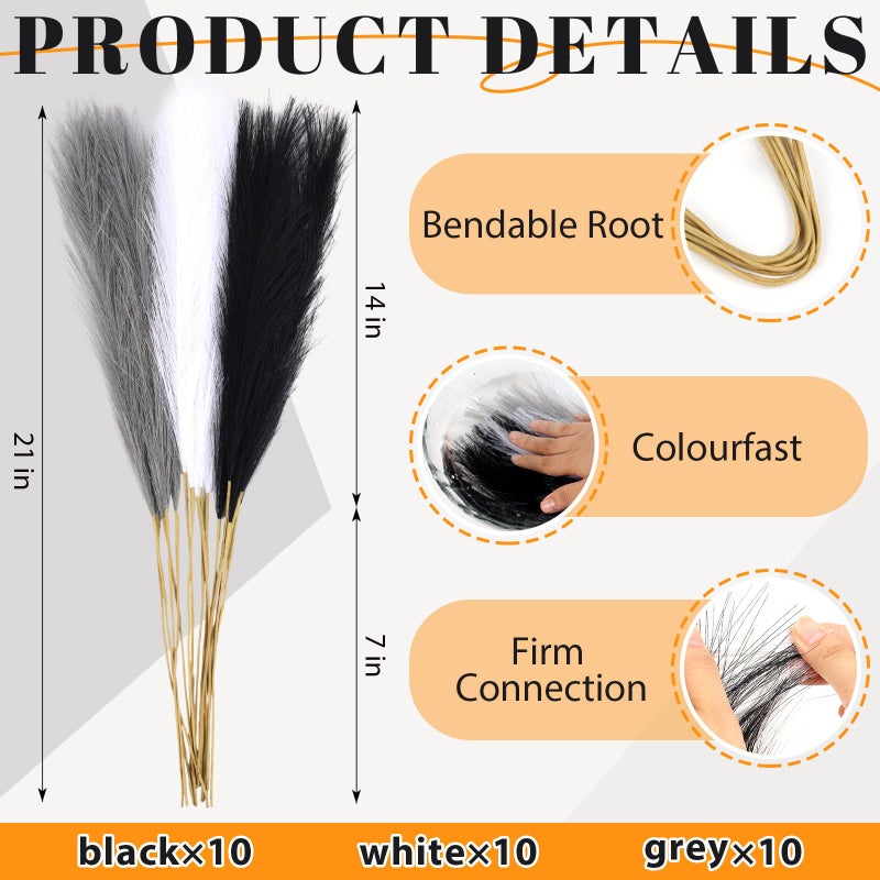 JOLYEAK 30pcs Pampas Grass Decor,21" Artificial Pompous Grass Bulk,Small Vase Filler Pompas Grass for Home Wedding Living Room Wall Party Decoration (Black,White,Gray) - Image 2