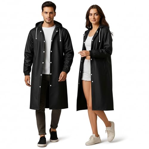 HACER EVA Waterproof Unisex Rain Coat Hooded Full Sleeves Outdoor Men, Women, Boys & Girls Rainwear Poncho Raincoat for Camping, Hiking & Travelling (Black) - Image 1