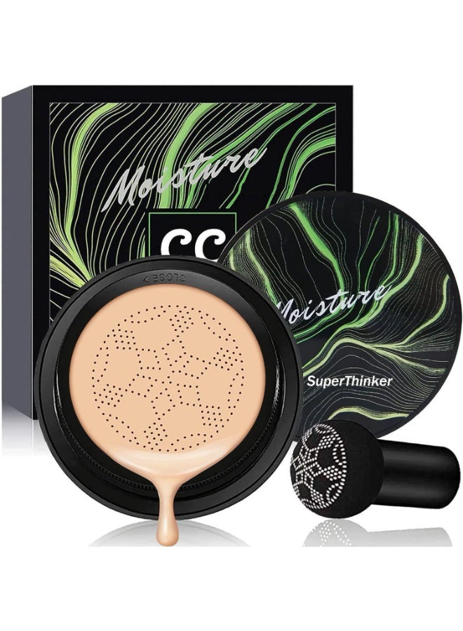 SuperThinker Air Cushion CC Cream Mushroom Head Foundation, Moisturizing BB Cream Makeup Long Lasting Matte Concealer (Natural)