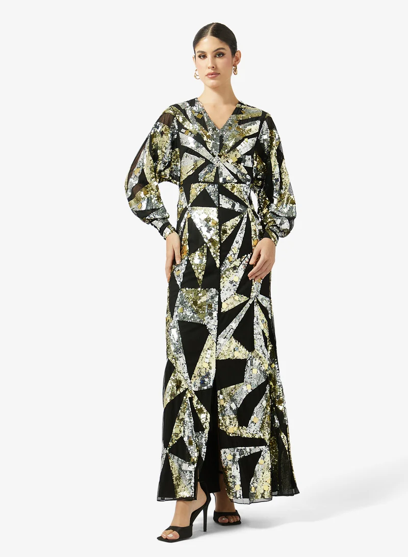 Printed Long Sleeve V Neck Maxi Dress