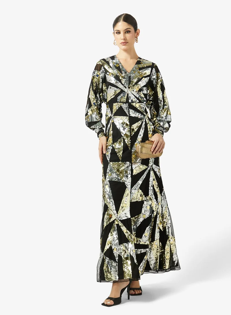 Frock And Frill  Printed Long Sleeve V Neck Maxi Dress for Women | Best Price UAE