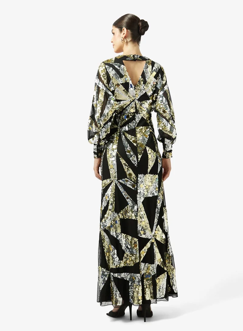 Frock And Frill  Printed Long Sleeve V Neck Maxi Dress for Women | Best Price UAE