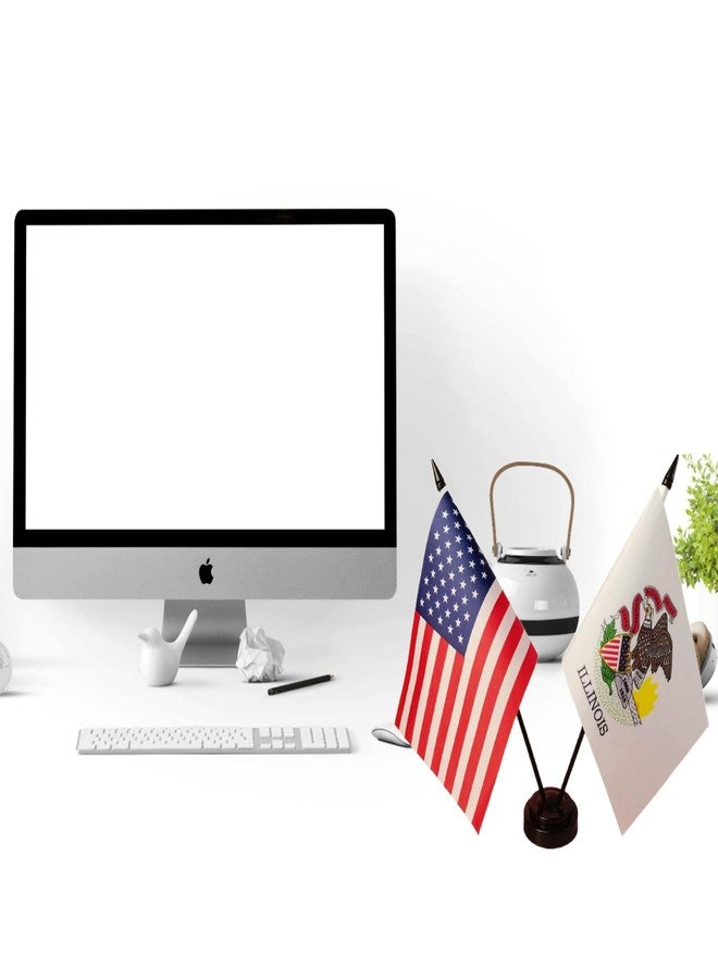 Zigvert America & Illinois Twin Desk Flag, US Illinois Table Flags, 8 x 5 Inches American & Illinois Deluxe Desk Flag Set - Miniature USA & Illinois Stick Flag with Flag Stand - Image 2