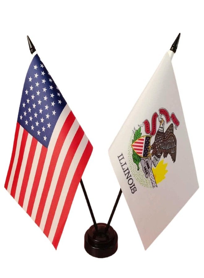 Zigvert America & Illinois Twin Desk Flag, US Illinois Table Flags, 8 x 5 Inches American & Illinois Deluxe Desk Flag Set - Miniature USA & Illinois Stick Flag with Flag Stand - Image 1