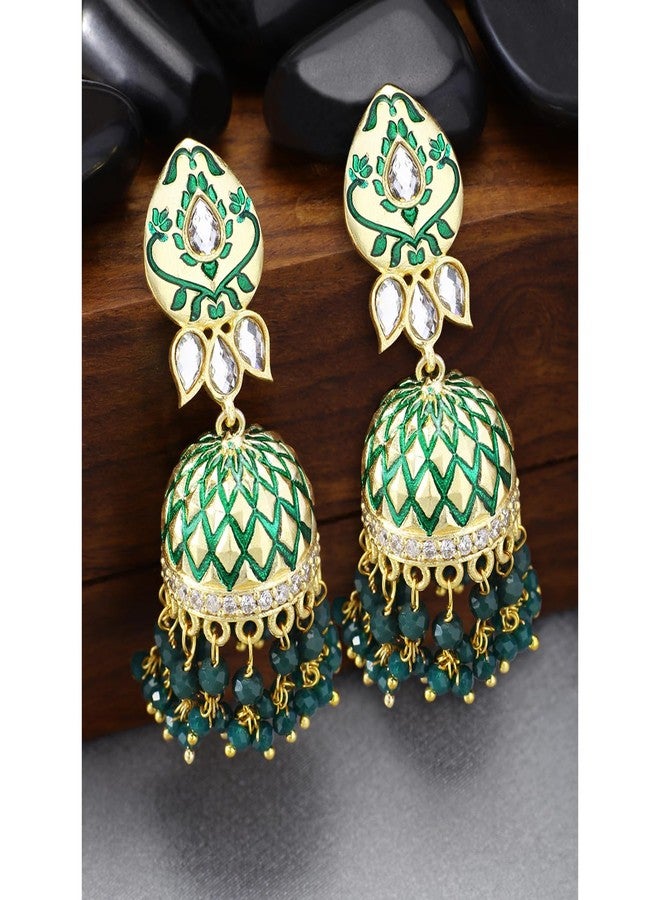 Peora Meenakari Enamel Traditional Jewellery Brass Gold Plated and Kundan Jhumka Earrings for Women - Image 2