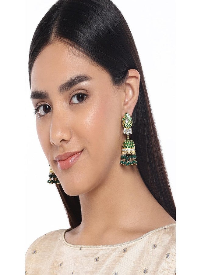Peora Meenakari Enamel Traditional Jewellery Brass Gold Plated and Kundan Jhumka Earrings for Women - Image 3