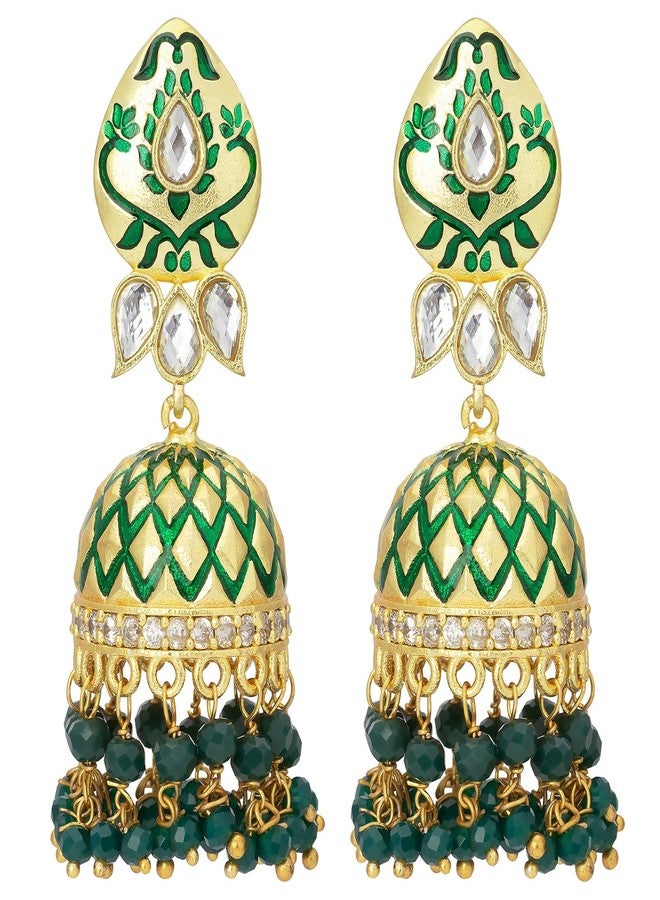 Peora Meenakari Enamel Traditional Jewellery Brass Gold Plated and Kundan Jhumka Earrings for Women - Image 1