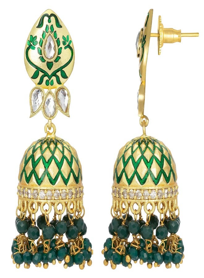 Peora Meenakari Enamel Traditional Jewellery Brass Gold Plated and Kundan Jhumka Earrings for Women - Image 4