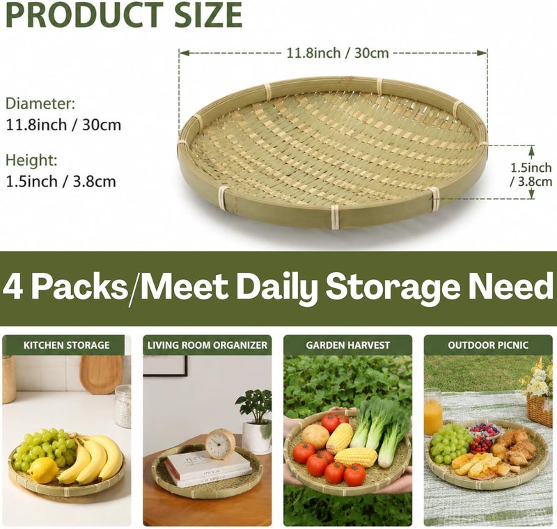 ZENFUN Economical varied design options 4 Packs Bamboo Basket Tray, 12 In Round Hand Weave Bread Baskets for Serving, Woven Fruit Basket, Rattan Serving Basket for Garden, Daily Dinning, Kitchen Organization, Stackable Coast & inland available - Image 2