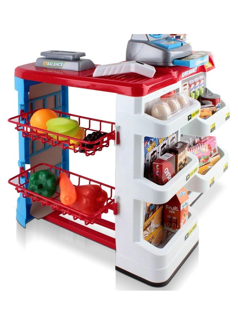 Soofam Kids Pretend Play Set, 24pcs Supermarket Playset Shopping Trolley Cash Register Toy Battery for Friends Family with Lighting and Sound Features, Children Cubby House Toys Outdoor Plays Red White  - Image 2