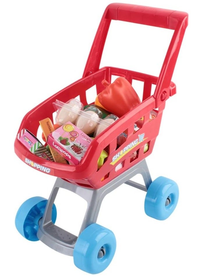 Soofam Kids Pretend Play Set, 24pcs Supermarket Playset Shopping Trolley Cash Register Toy Battery for Friends Family with Lighting and Sound Features, Children Cubby House Toys Outdoor Plays Red White  - Image 3