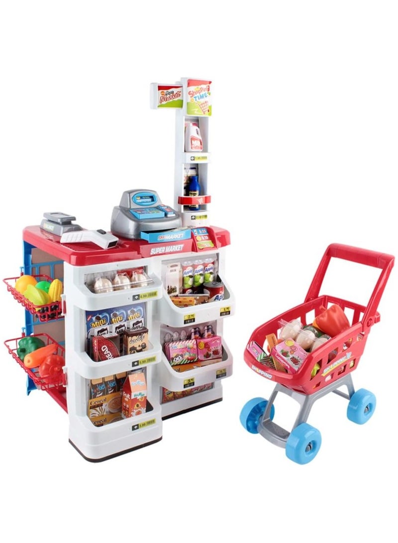 Soofam Kids Pretend Play Set, 24pcs Supermarket Playset Shopping Trolley Cash Register Toy Battery for Friends Family with Lighting and Sound Features, Children Cubby House Toys Outdoor Plays Red White  - Image 1