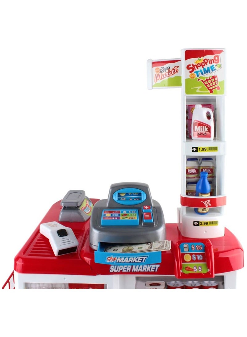 Soofam Kids Pretend Play Set, 24pcs Supermarket Playset Shopping Trolley Cash Register Toy Battery for Friends Family with Lighting and Sound Features, Children Cubby House Toys Outdoor Plays Red White  - Image 5
