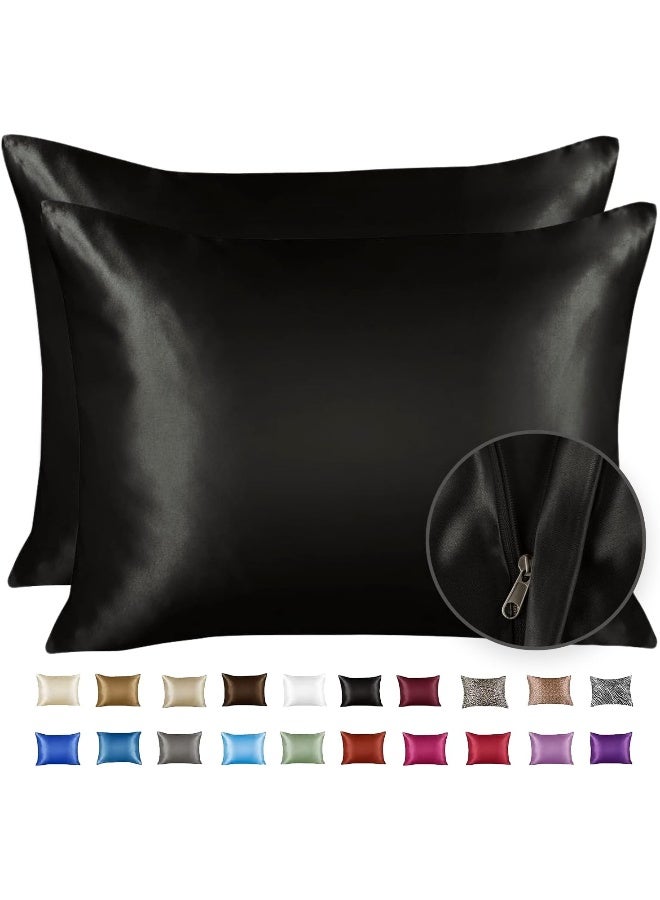 SHOPBEDDING Black Satin Pillowcase for Hair and Skin, Silk Pillowcase Black 2 Pack, Luxury Satin Pillowcases with Zipper Closure, Satin Pillow Case Cover Standard Satin Silk Pillowcase for Hair & Skin - Image 2