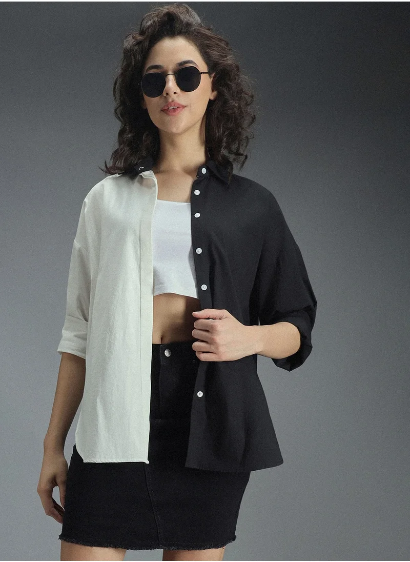 هاي ستار Oversized Colorblocked Spread Collar Long Sleeve Casual Shirt for Women