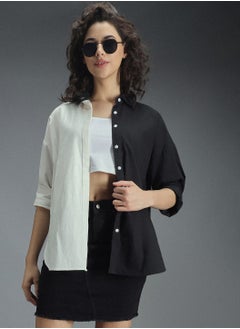 HIGH STAR Oversized Colorblocked Spread Collar Long Sleeve Casual Shirt for Women  - Image 1
