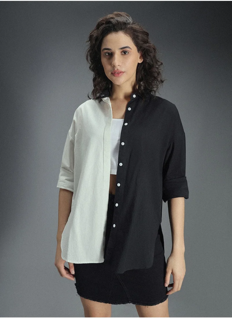 هاي ستار Oversized Colorblocked Spread Collar Long Sleeve Casual Shirt for Women