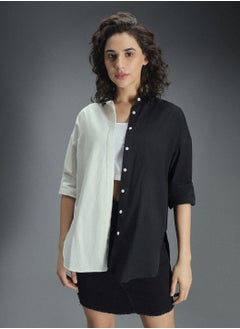HIGH STAR Oversized Colorblocked Spread Collar Long Sleeve Casual Shirt for Women  - Image 2