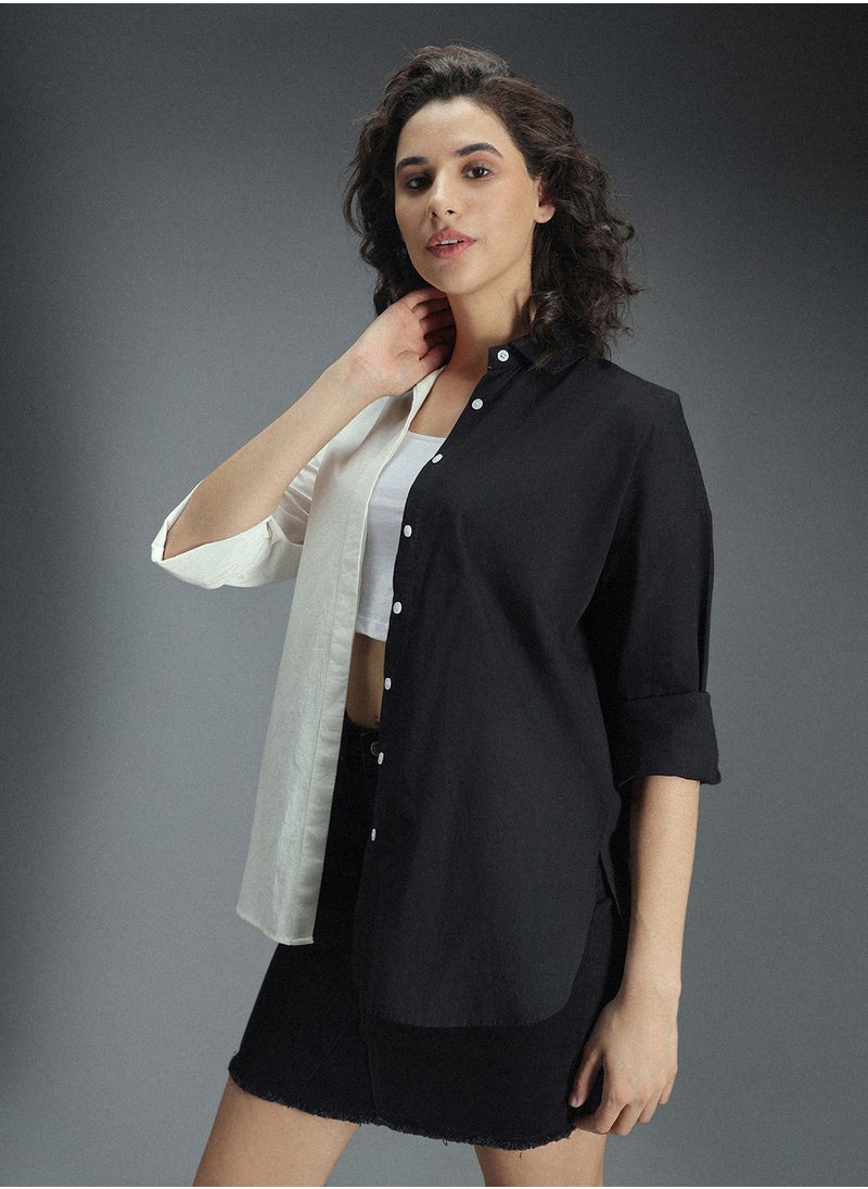 HIGH STAR Oversized Colorblocked Spread Collar Long Sleeve Casual Shirt for Women  - Image 3