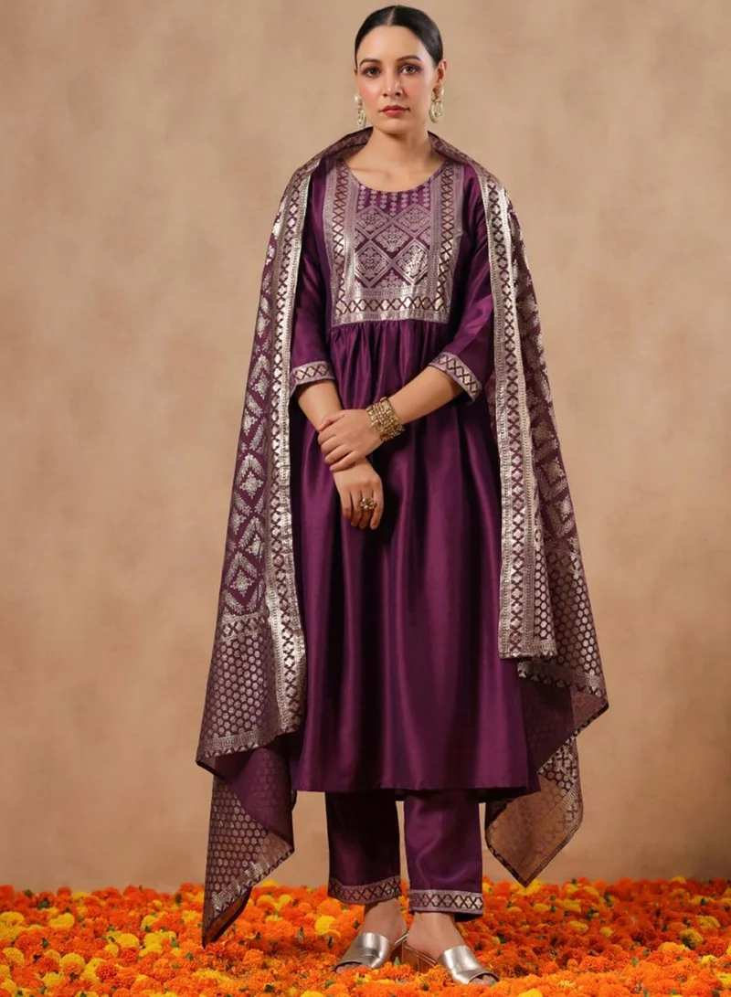 آي شين Women'S Wine Polyester Blend Self Design Full Length Palazzo Kurta Set