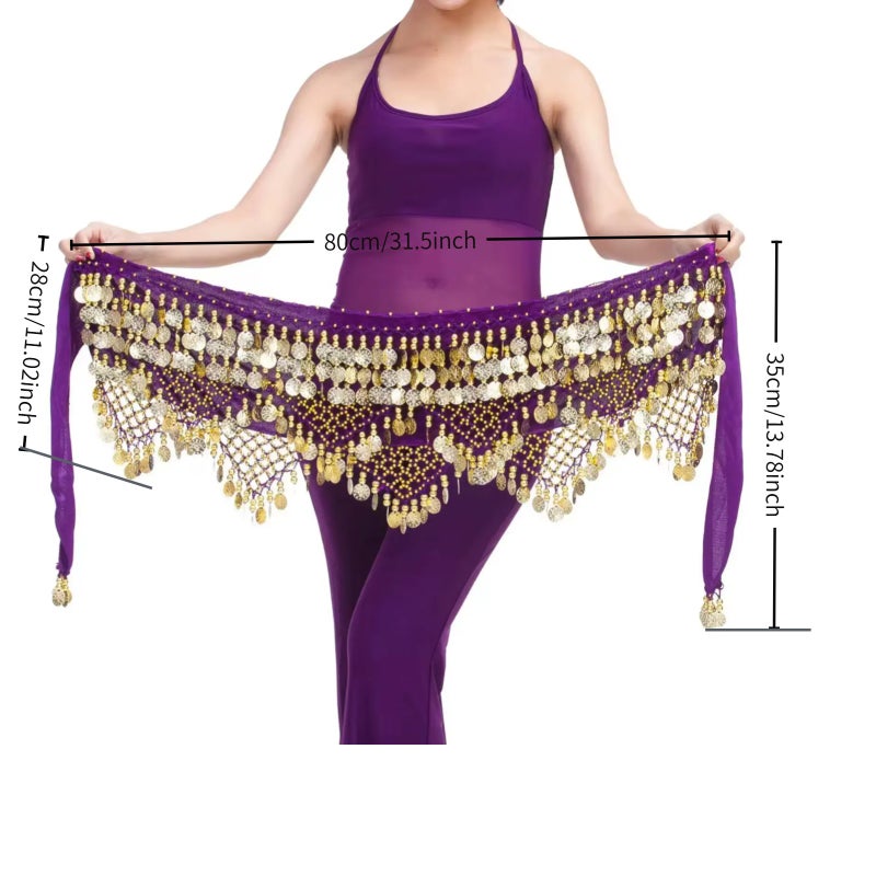 Belly Dance Hip Scarf Waist Chain Dance Hip Scarf Belt with Dangling Coins for Belly Dancer 12 Colors Adult for Women - Image 2