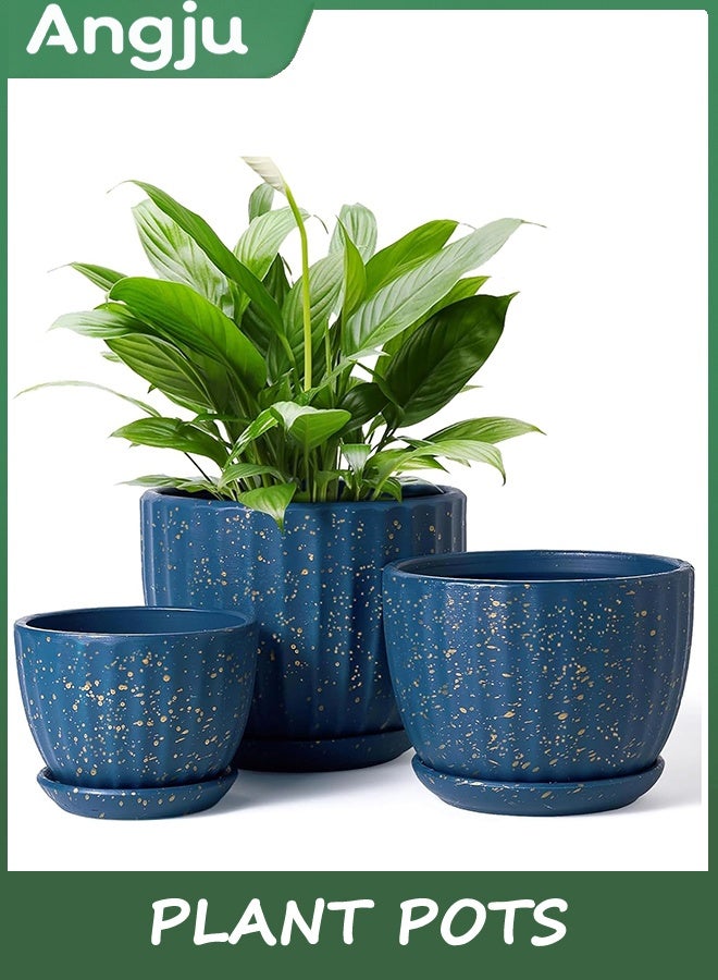 انججو أواني النباتات,أواني الزهور مع ثقوب الصرف الصحي والصحن,أواني السيراميك 11/14/16.8cm للنباتات,المزارعين للنباتات الداخلية,مجموعة الزهور الجميلة من 3, البستنة ديكور المكتب المنزلي (الأزرق) - Image 1