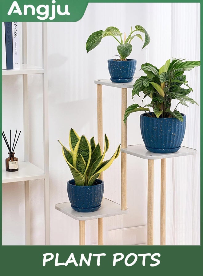 انججو أواني النباتات,أواني الزهور مع ثقوب الصرف الصحي والصحن,أواني السيراميك 11/14/16.8cm للنباتات,المزارعين للنباتات الداخلية,مجموعة الزهور الجميلة من 3, البستنة ديكور المكتب المنزلي (الأزرق) - Image 3