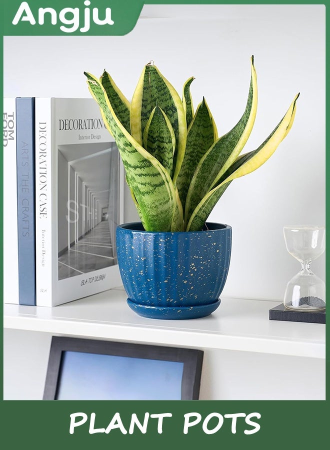 انججو أواني النباتات,أواني الزهور مع ثقوب الصرف الصحي والصحن,أواني السيراميك 11/14/16.8cm للنباتات,المزارعين للنباتات الداخلية,مجموعة الزهور الجميلة من 3, البستنة ديكور المكتب المنزلي (الأزرق) - Image 5