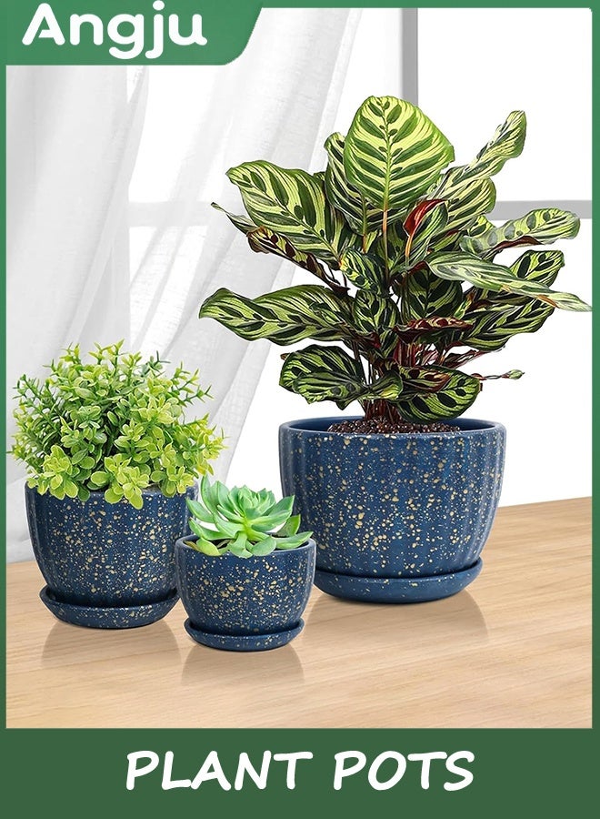 انججو أواني النباتات,أواني الزهور مع ثقوب الصرف الصحي والصحن,أواني السيراميك 11/14/16.8cm للنباتات,المزارعين للنباتات الداخلية,مجموعة الزهور الجميلة من 3, البستنة ديكور المكتب المنزلي (الأزرق) - Image 4