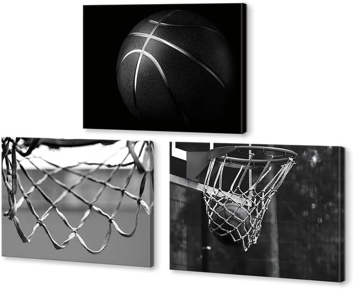 KAWAHONE -3 Pieces Black and White Basketball Canvas Wall Art, Basketball Wall Decor, Sport Canvas Art for Boys Room Ready to Hang - Image 1