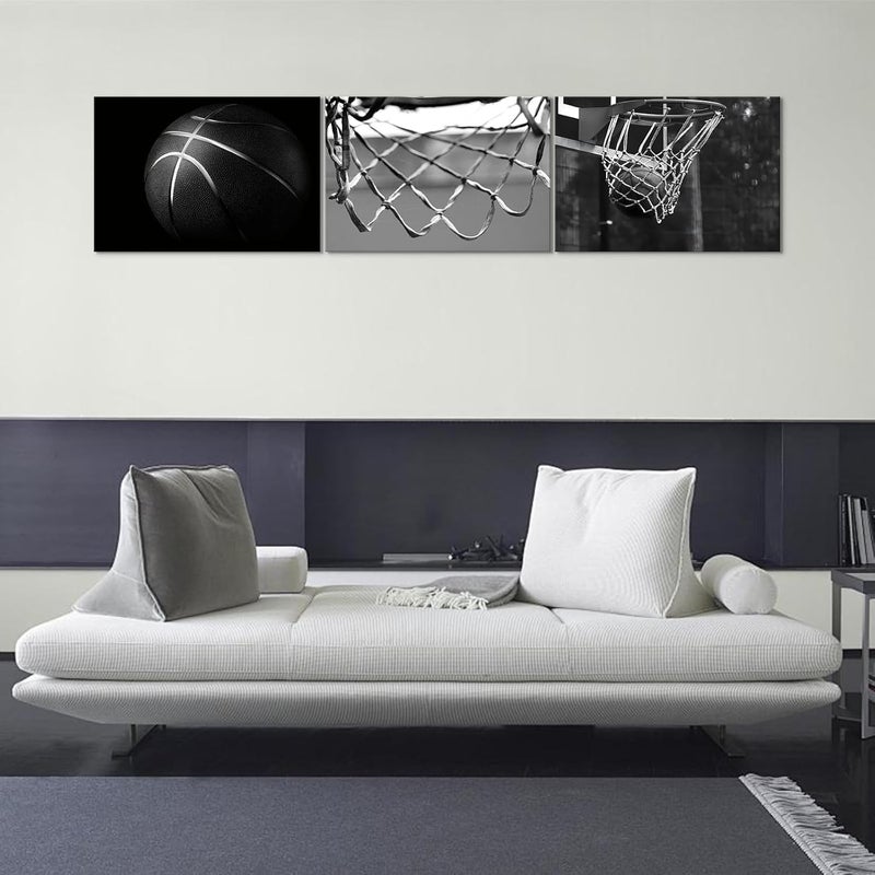 KAWAHONE -3 Pieces Black and White Basketball Canvas Wall Art, Basketball Wall Decor, Sport Canvas Art for Boys Room Ready to Hang - Image 2