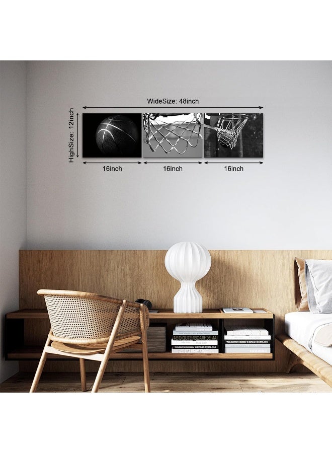 KAWAHONE -3 Pieces Black and White Basketball Canvas Wall Art, Basketball Wall Decor, Sport Canvas Art for Boys Room Ready to Hang - Image 4