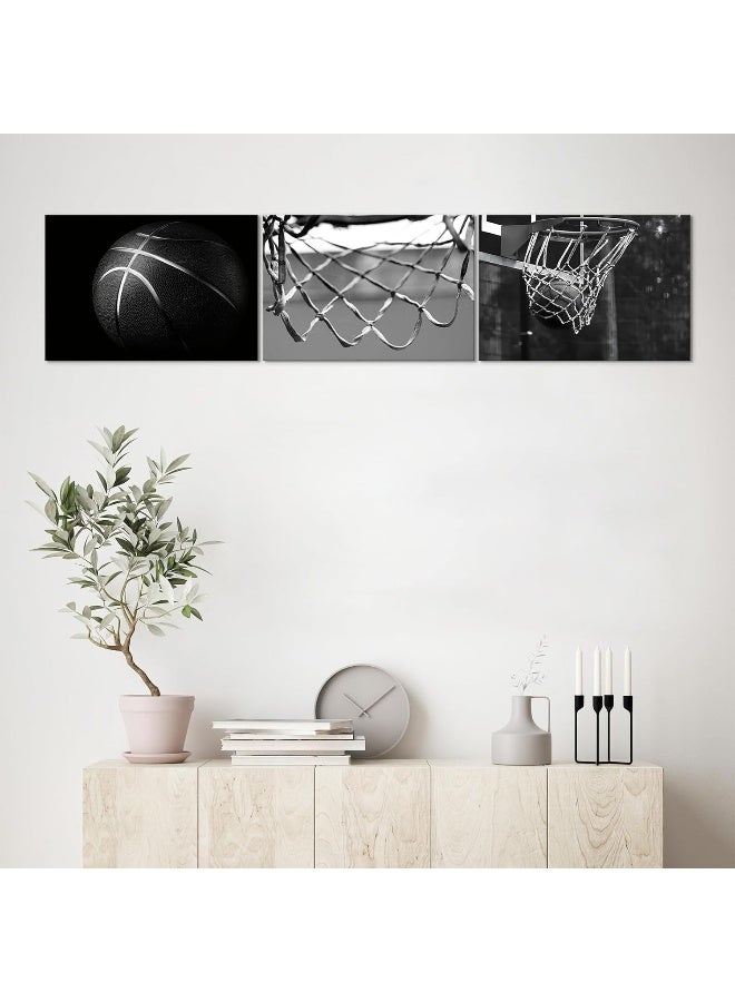 KAWAHONE -3 Pieces Black and White Basketball Canvas Wall Art, Basketball Wall Decor, Sport Canvas Art for Boys Room Ready to Hang - Image 3
