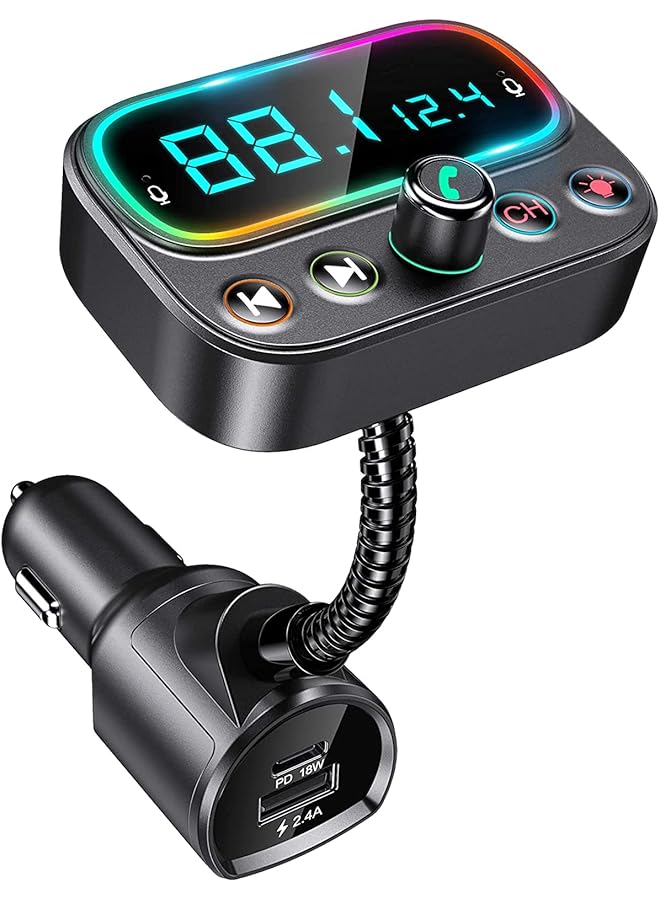 كاست ويف جهاز إرسال FM بلوتوث 5.0 للسيارة، محول سيارة USB C PD بلوتوث مع ميكروفون مزدوج/شاشة LCD 2.0 بوصة/3 منافذ USB/إضاءة خلفية LED 9 ألوان، مجموعة مشغل موسيقى لاسلكي للسيارة يدعم U Disk/مخرج AUX - Image 1