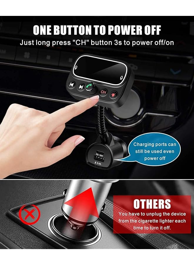 كاست ويف جهاز إرسال FM بلوتوث 5.0 للسيارة، محول سيارة USB C PD بلوتوث مع ميكروفون مزدوج/شاشة LCD 2.0 بوصة/3 منافذ USB/إضاءة خلفية LED 9 ألوان، مجموعة مشغل موسيقى لاسلكي للسيارة يدعم U Disk/مخرج AUX - Image 5