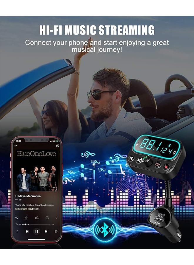 كاست ويف جهاز إرسال FM بلوتوث 5.0 للسيارة، محول سيارة USB C PD بلوتوث مع ميكروفون مزدوج/شاشة LCD 2.0 بوصة/3 منافذ USB/إضاءة خلفية LED 9 ألوان، مجموعة مشغل موسيقى لاسلكي للسيارة يدعم U Disk/مخرج AUX - Image 3