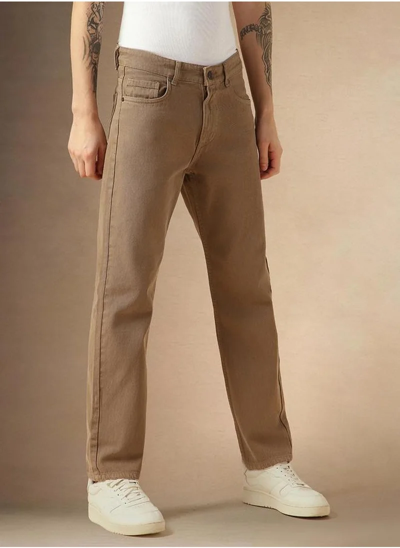 Dennis Lingo Men's Beige 100% Cotton Solid Full Length Relaxed Fit Jeans