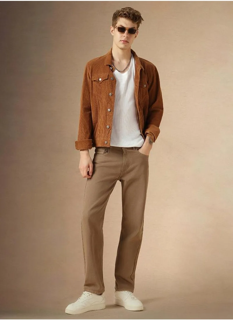 Dennis Lingo Men's Beige 100% Cotton Solid Full Length Relaxed Fit Jeans