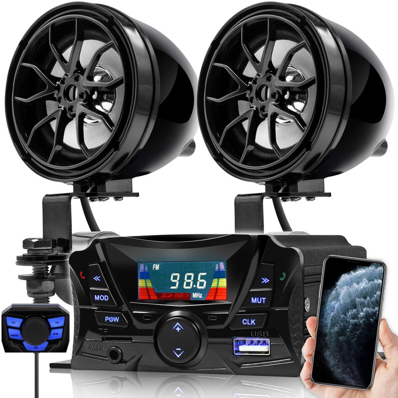 GoHawk Motorcycle Speakers Bluetooth Waterproof Speakers and Amplifier Audio Sound System Weatherproof FM Radio Volume Control ATV UTV wAUX in USB Micro SD