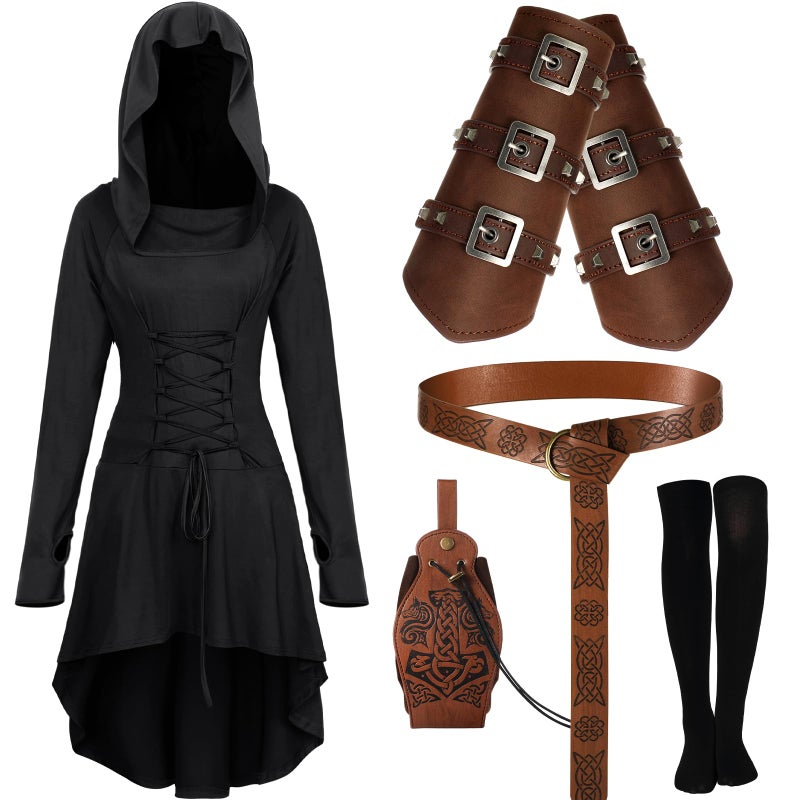Suhine 5 Pcs Renaissance Women Costume Medieval Hooded Robe Vintage Faux Leather Arm Pouch Belt for Cosplay Party(Small,Black) - Image 3